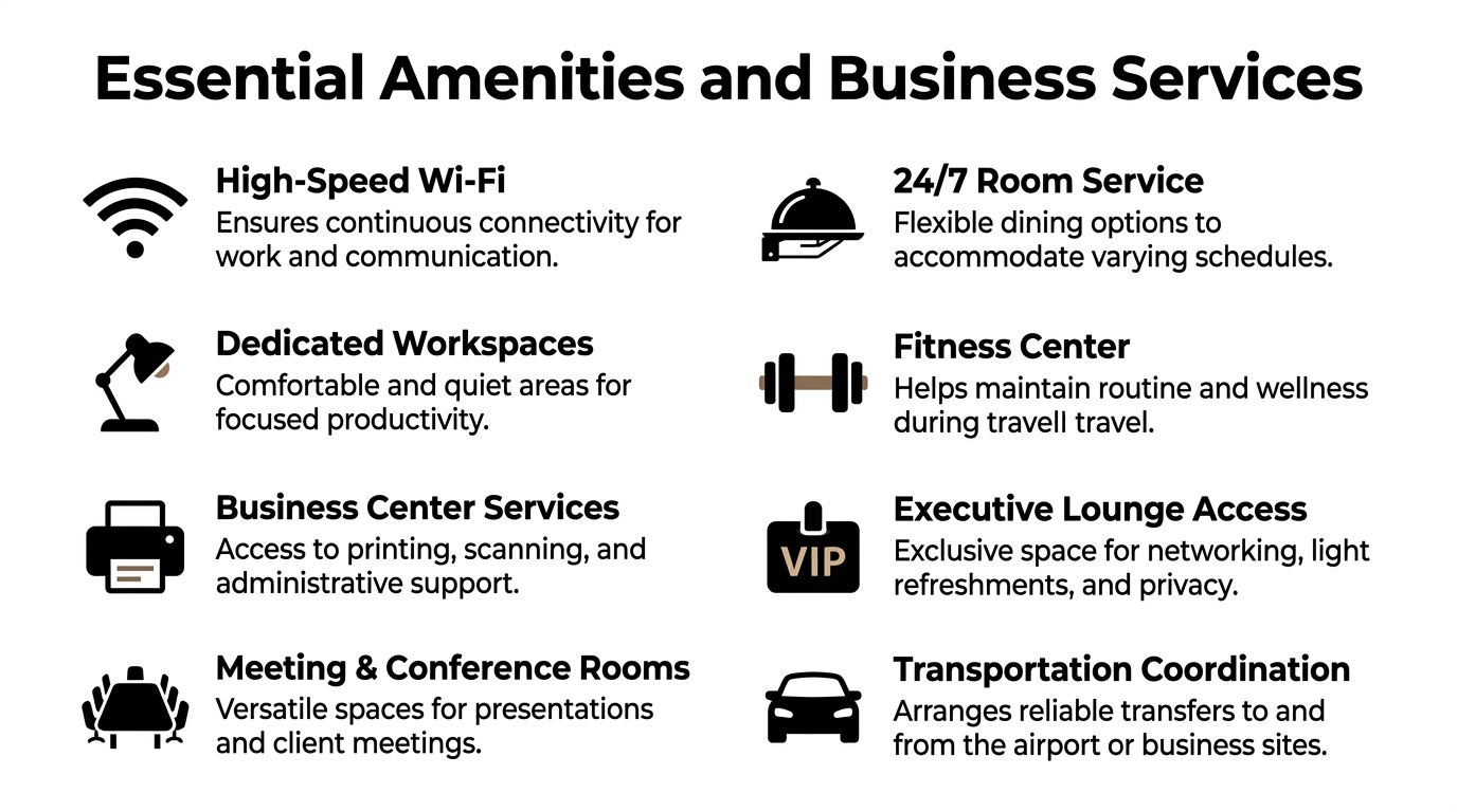 A list of essential business hotel amenities including Wi-Fi, room service, workspaces, fitness centers, and meeting rooms.