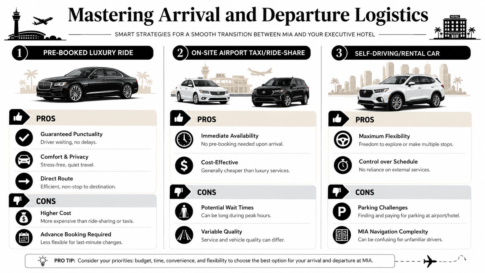 A guide comparing pre-booked luxury rides, airport taxis, and rental cars for traveling between MIA and hotels.