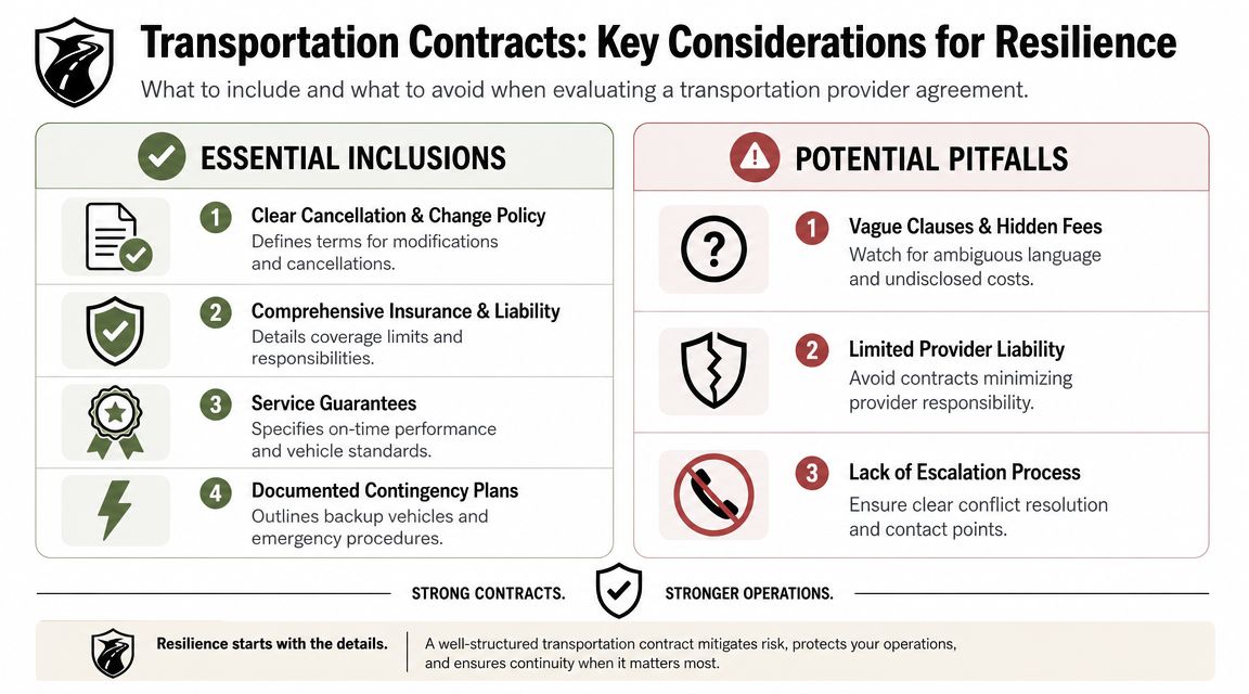 An infographic titled Transportation Contracts Key Considerations for Resilience outlining essential inclusions and potential pitfalls for logistics agreements.