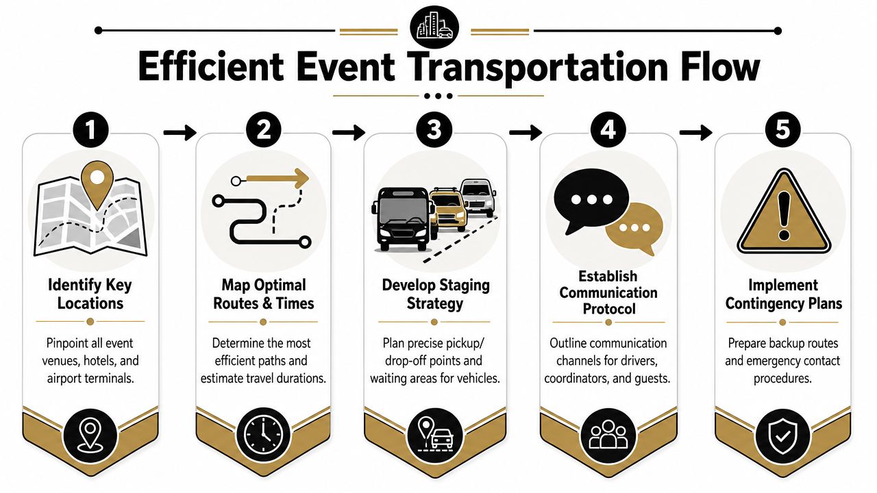 A five-step flowchart illustrating the efficient process for planning and managing corporate event transportation services.