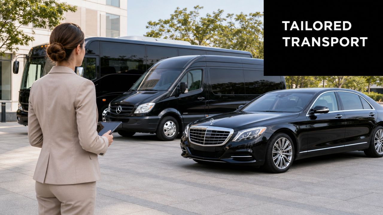 A professional woman in a suit holding a tablet standing near a luxury sedan and shuttle bus.