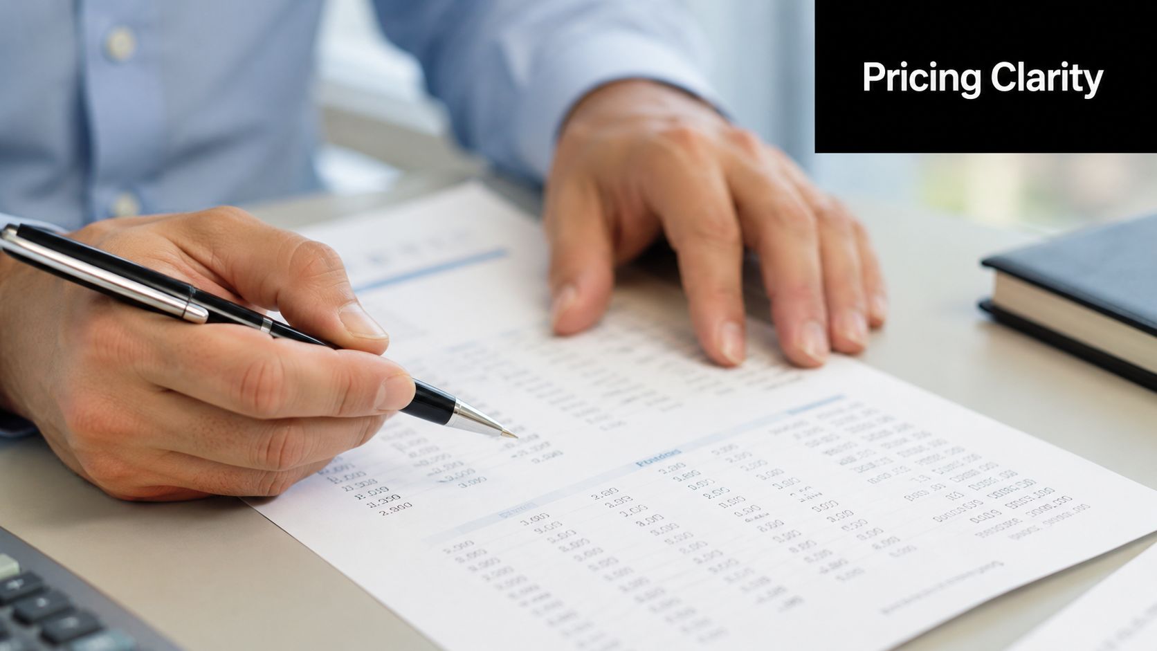 A professional checking financial documents while calculating transportation service pricing at a business desk.