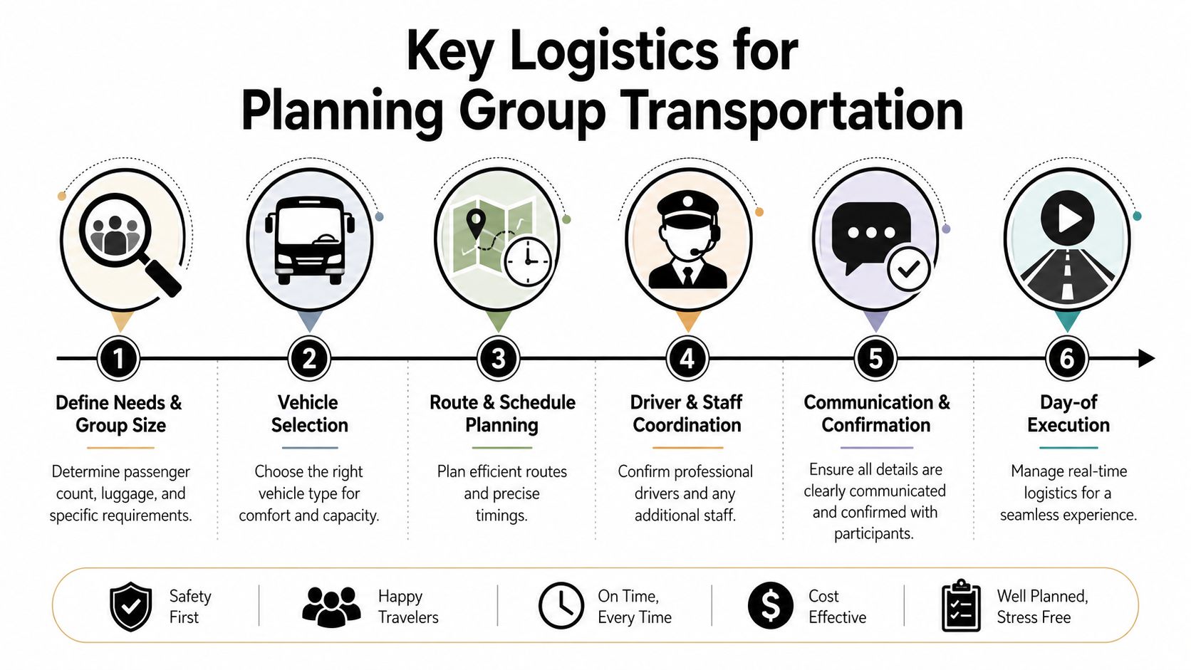 An infographic titled Key Logistics for Planning Group Transportation illustrating six steps from planning to execution.