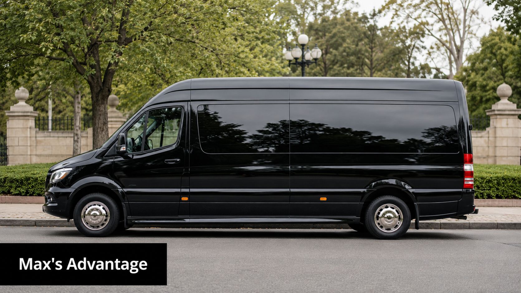 A black Mercedes-Benz Sprinter luxury passenger van parked on a street in front of stone pillars.