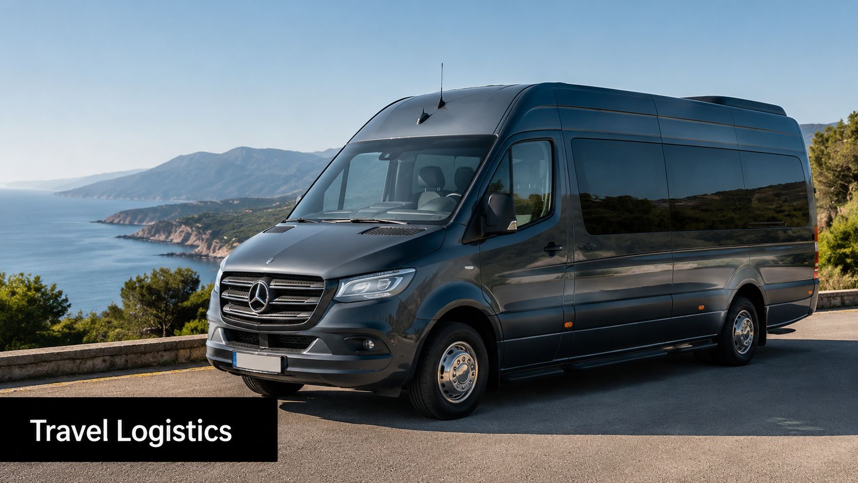 A luxury Mercedes-Benz passenger van parked on a scenic coastal road overlooking the ocean and mountains.