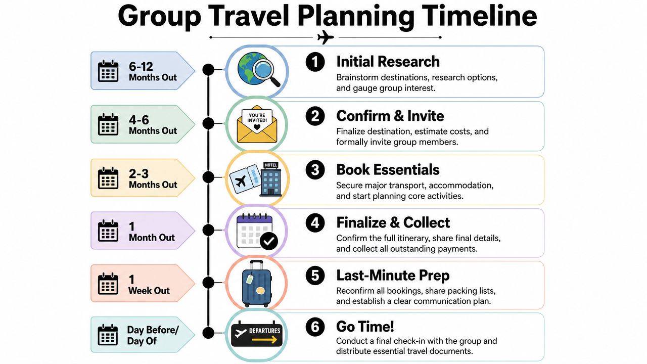 An infographic titled Group Travel Planning Timeline showing six steps from initial research to trip departure.