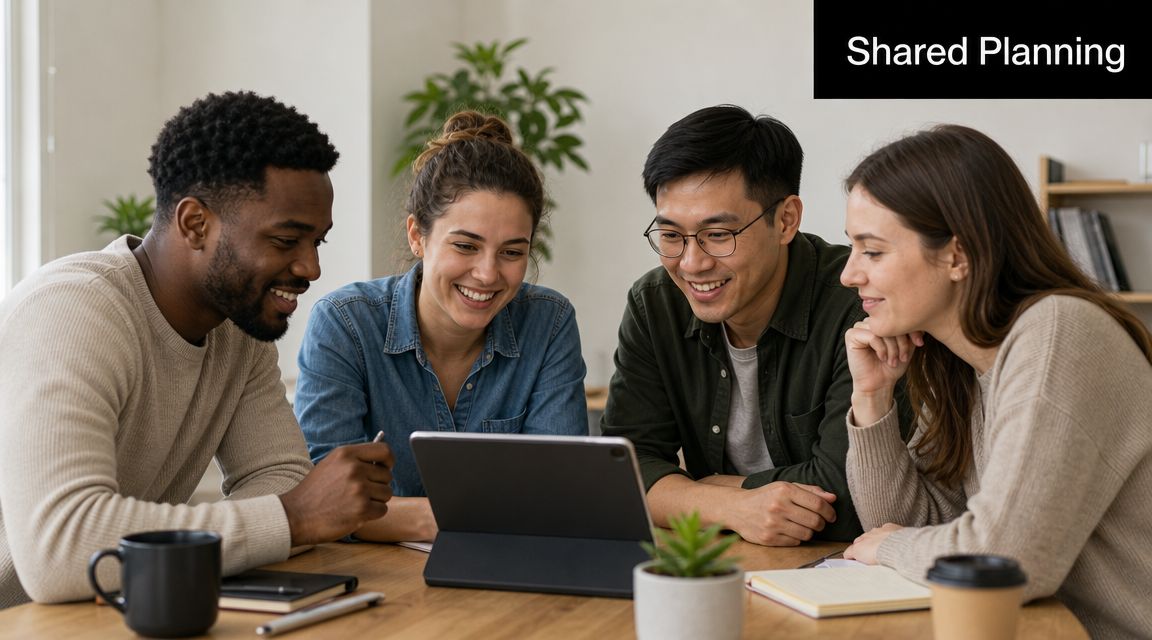 A diverse group of four colleagues collaboratively planning together while looking at a digital tablet.