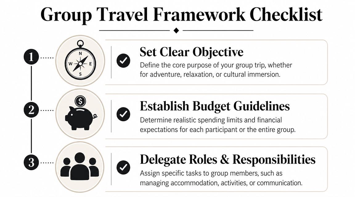 A three-step infographic titled Group Travel Framework Checklist outlining objectives, budget guidelines, and delegation of tasks.