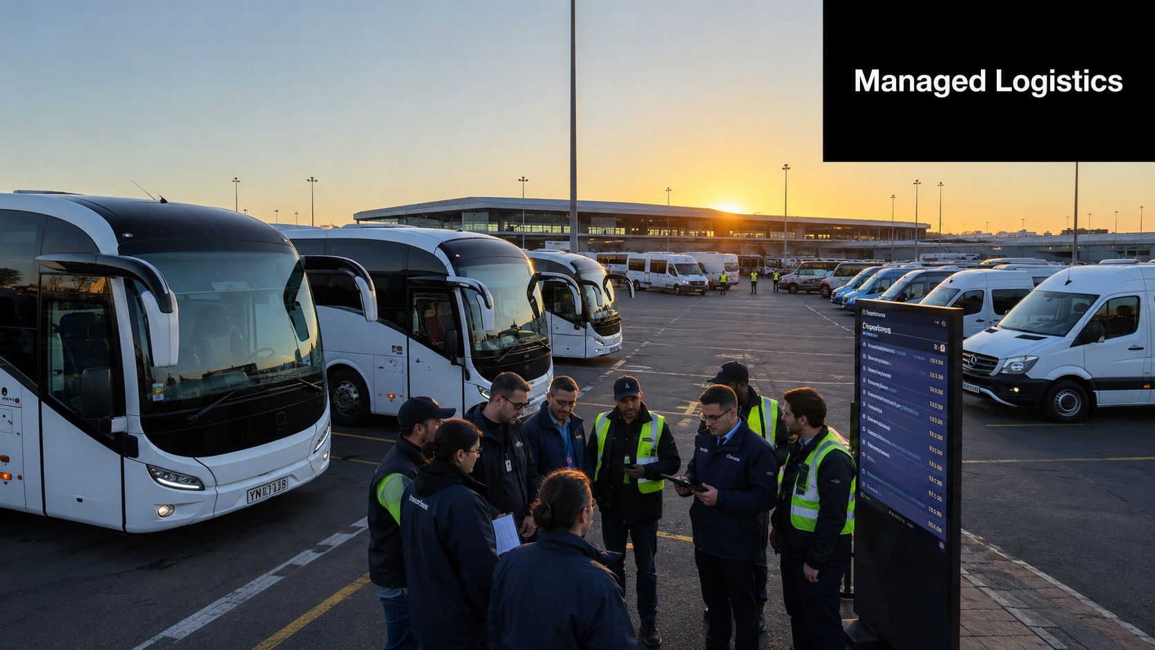 A team of logistics coordinators reviews plans near a fleet of shuttle buses at a busy airport terminal.