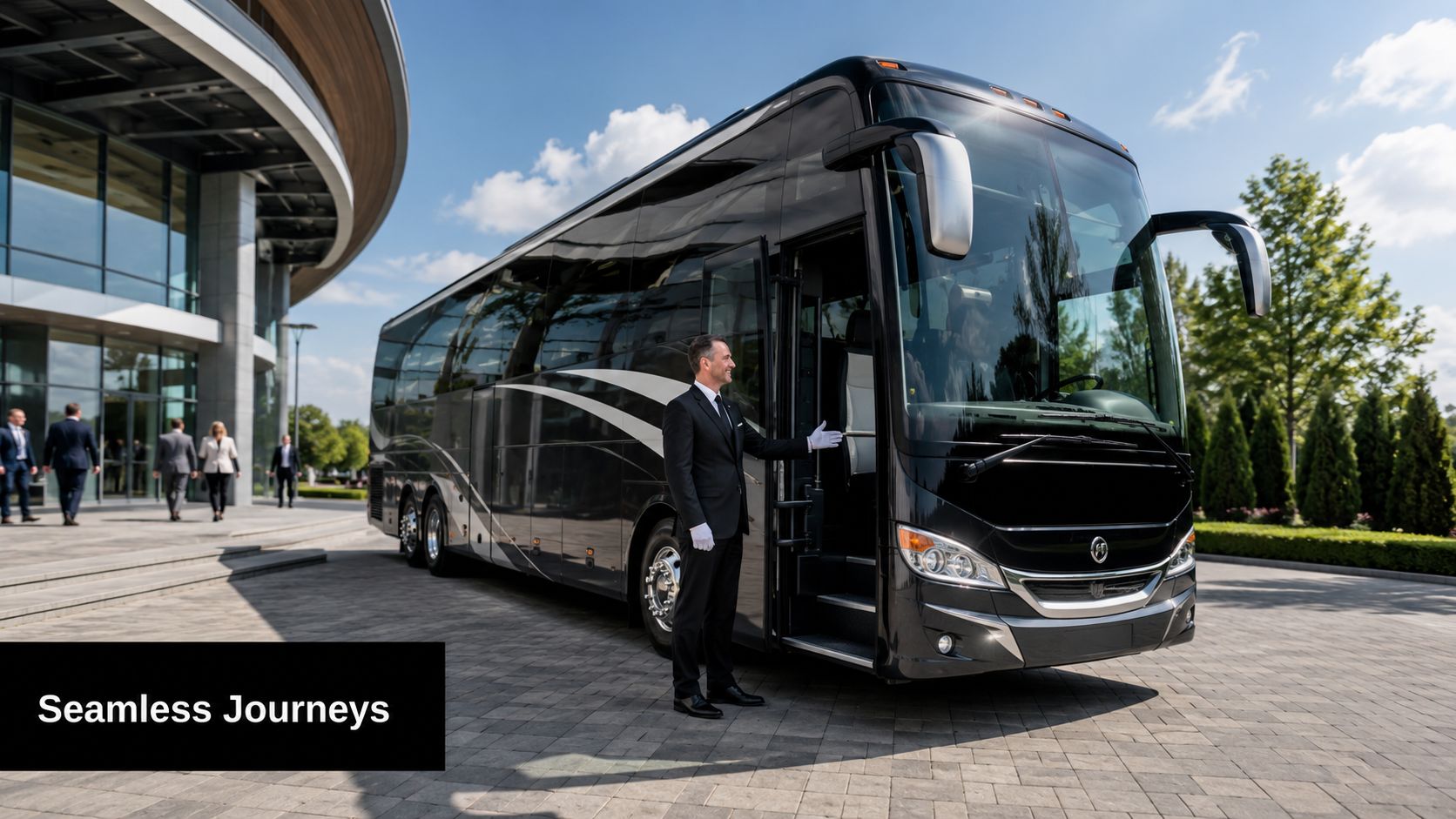 A professional chauffeur in a suit welcomes passengers to a luxurious black charter bus parked outdoors.