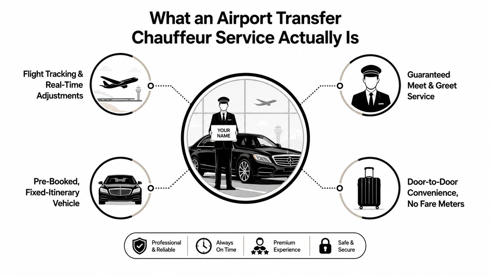 An infographic detailing the features and benefits of an airport transfer chauffeur service for travelers.