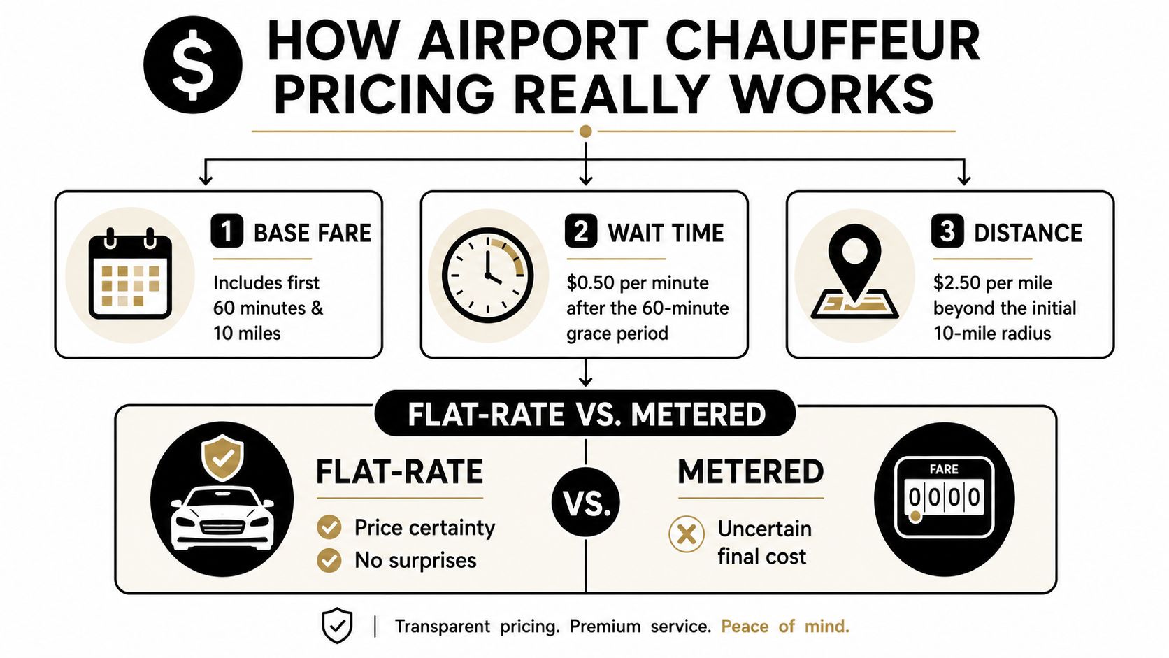 An infographic explaining airport chauffeur pricing based on base fare, wait time, and distance components.