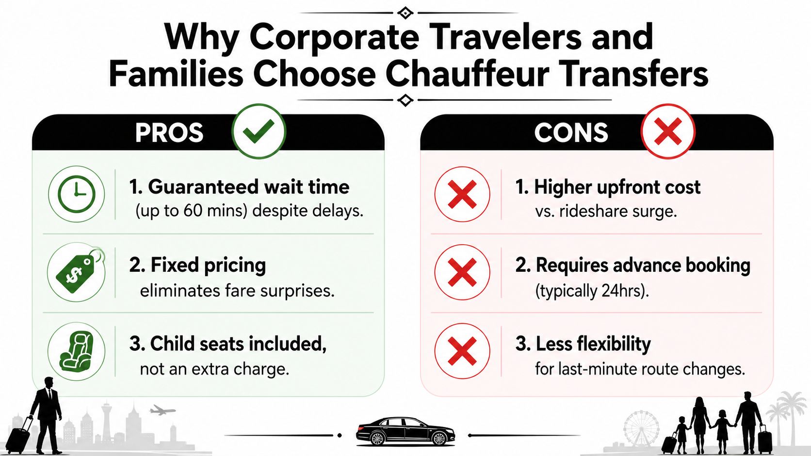 A comparison infographic showing the pros and cons of using chauffeur transfers for corporate travelers and families.