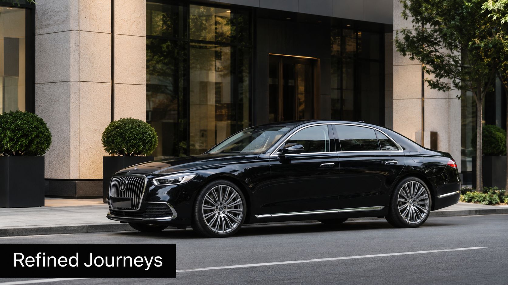 A luxurious black Mercedes-Maybach parked on a city street in front of a modern building.
