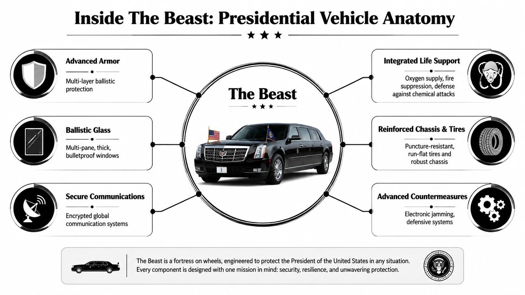 An infographic detailing the advanced security and defensive features of the United States presidential limousine called The Beast.