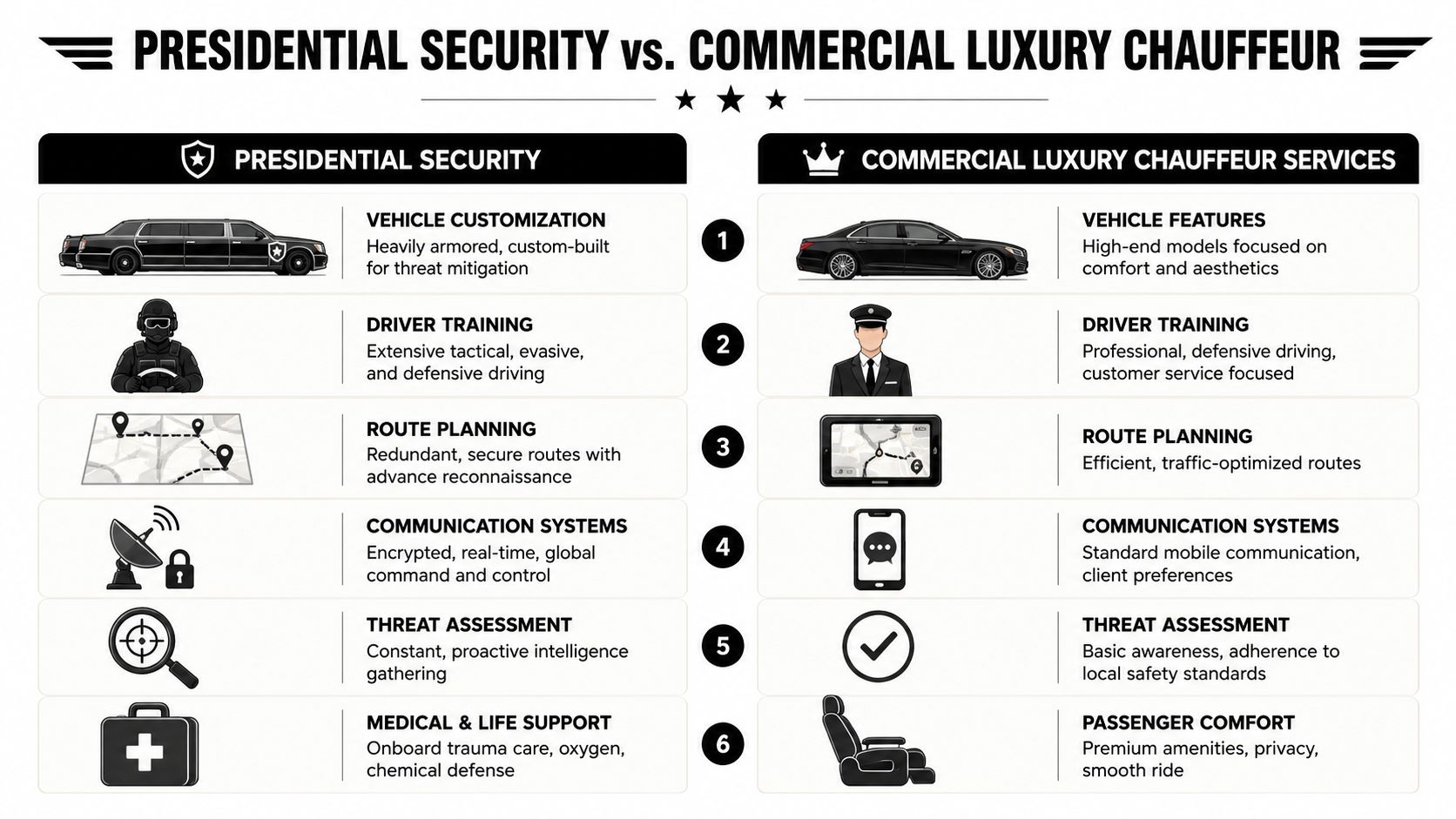 A comparison infographic between presidential security transport and commercial luxury chauffeur services features and standards.