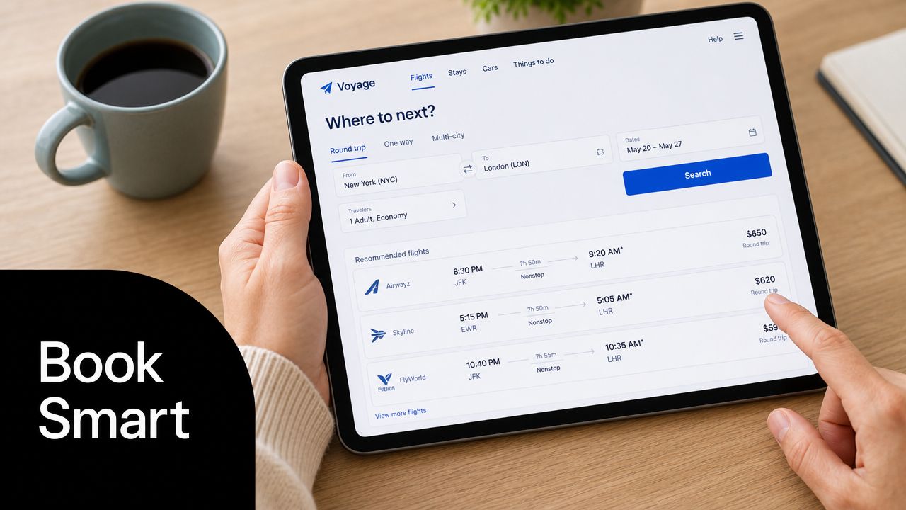 A person using a tablet to search for flight options on the travel website Voyage.