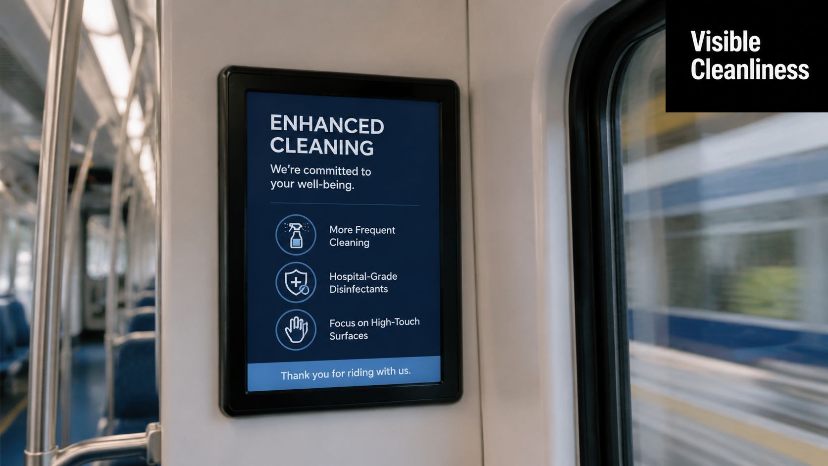 A digital screen inside a train carriage displays health information regarding enhanced cleaning and safety procedures.