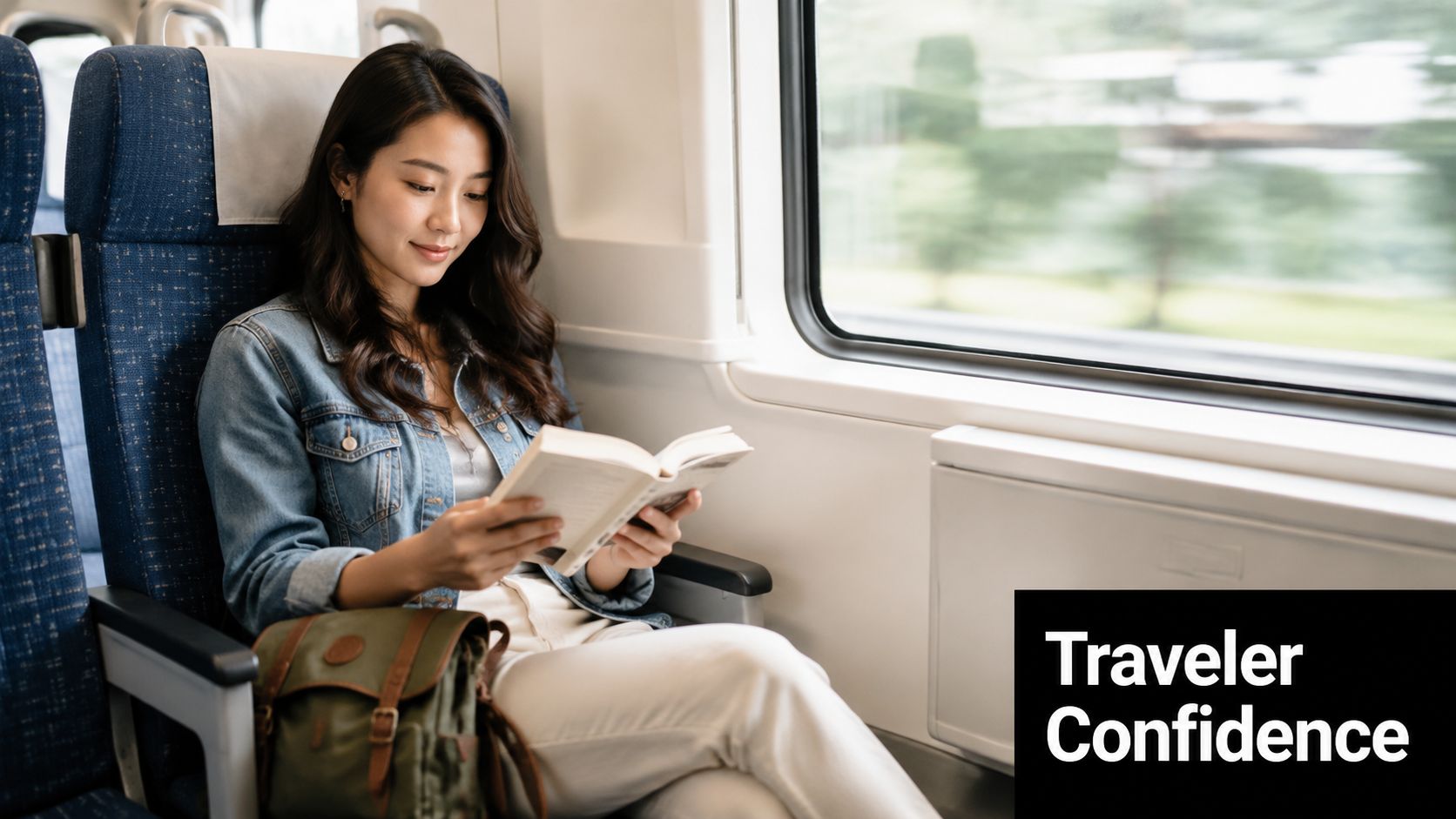 A young woman reading a book while sitting comfortably on a train during a daytime journey.