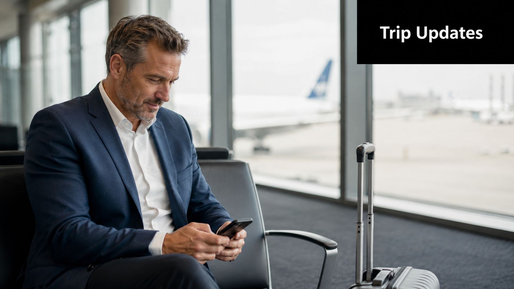 A professional man in a business suit waiting at the airport, looking at his smartphone.