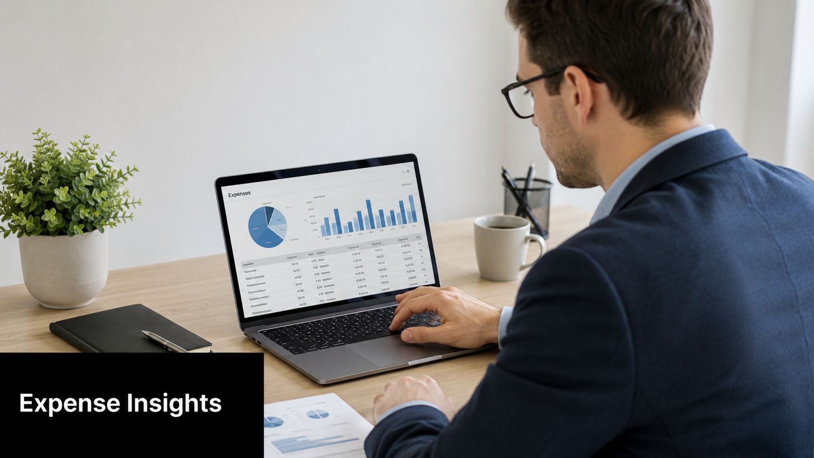 A professional man in a suit analyzes corporate travel expense data on his laptop at a desk.