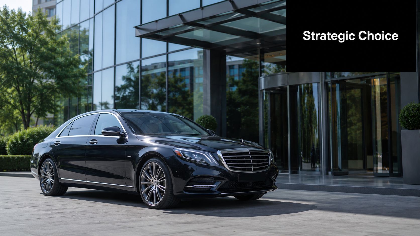 A black Mercedes-Benz sedan parked in front of a modern glass building entrance with a reflective facade.