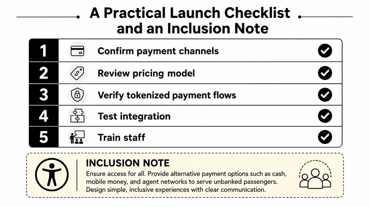 A checklist for launching payment systems, featuring a step-by-step guide and an inclusive accessibility note.