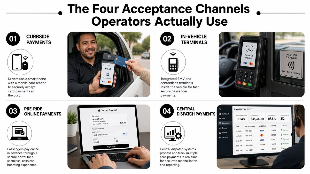 A graphic illustration detailing four different methods for transportation operators to accept credit card payments from passengers.