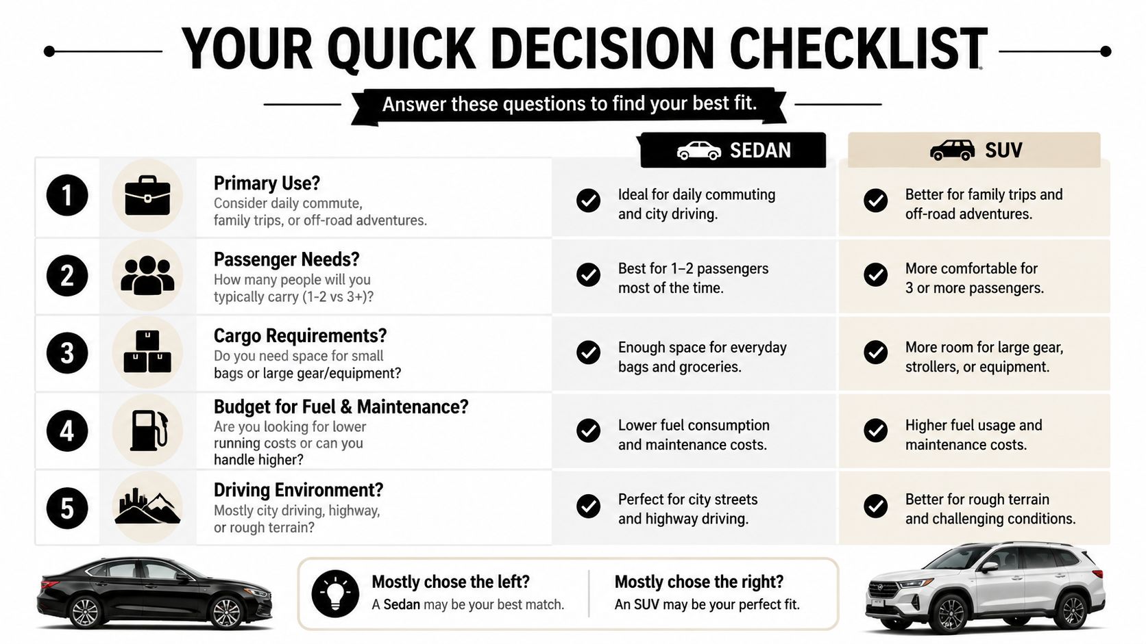 A quick decision checklist table comparing the features and usage of sedans versus SUVs for car buyers.