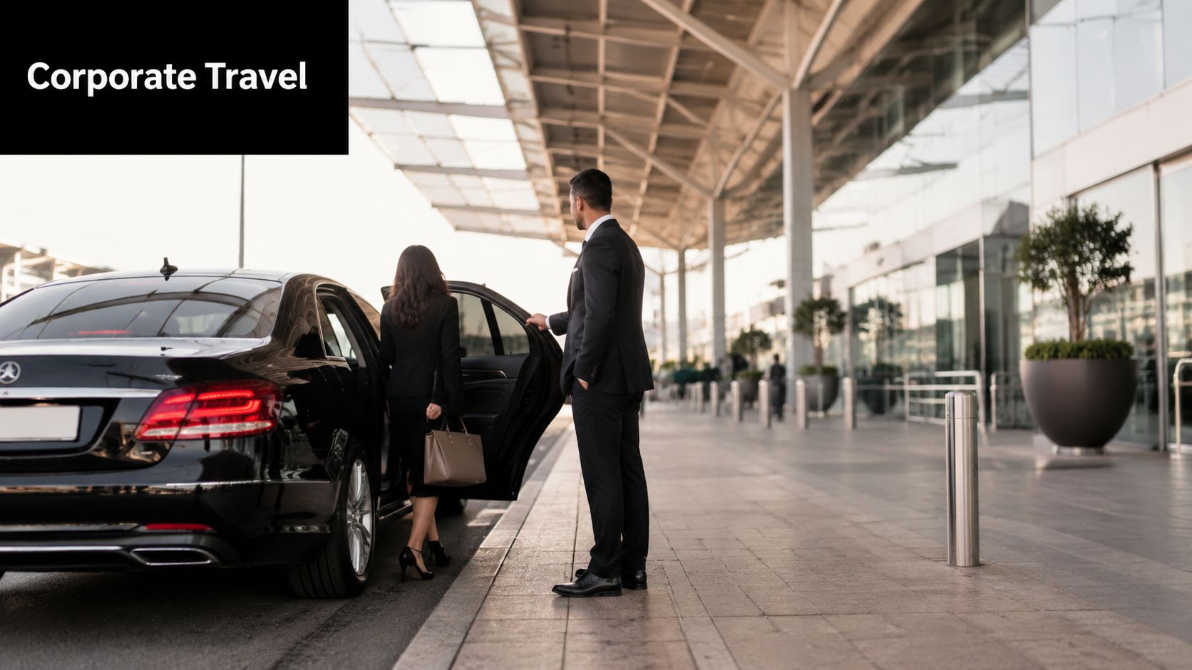 A professional chauffeur opens the car door for a business woman at an airport terminal.