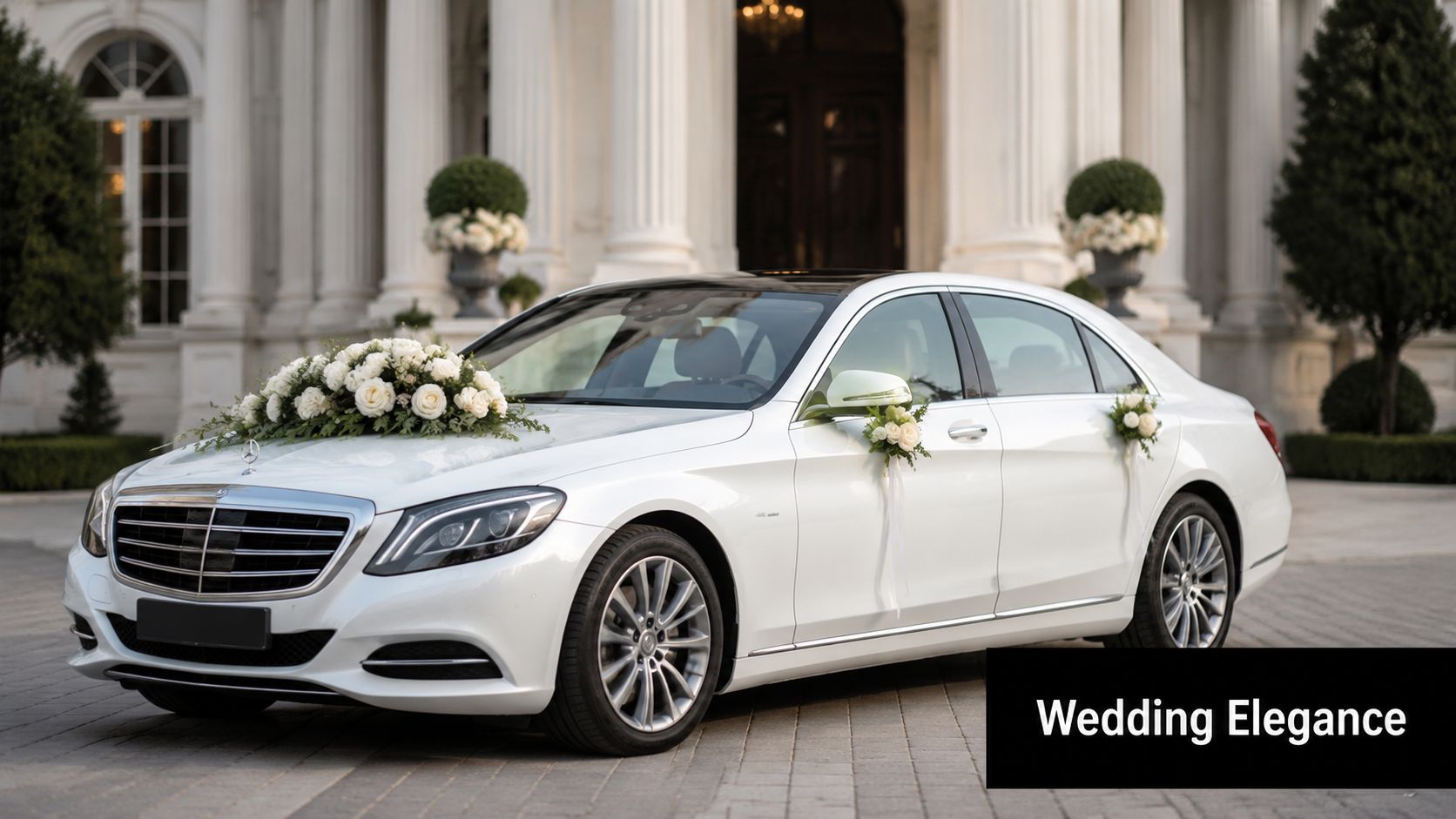 A luxurious white wedding sedan decorated with elegant white roses parked in front of a grand estate.
