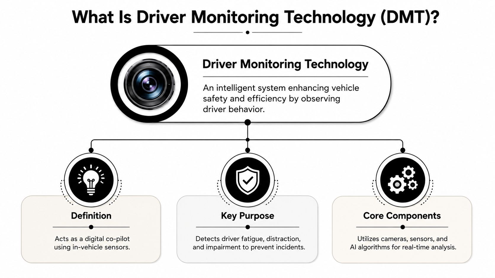 A diagram explaining Driver Monitoring Technology as a safety system using cameras and sensors for driver observation.