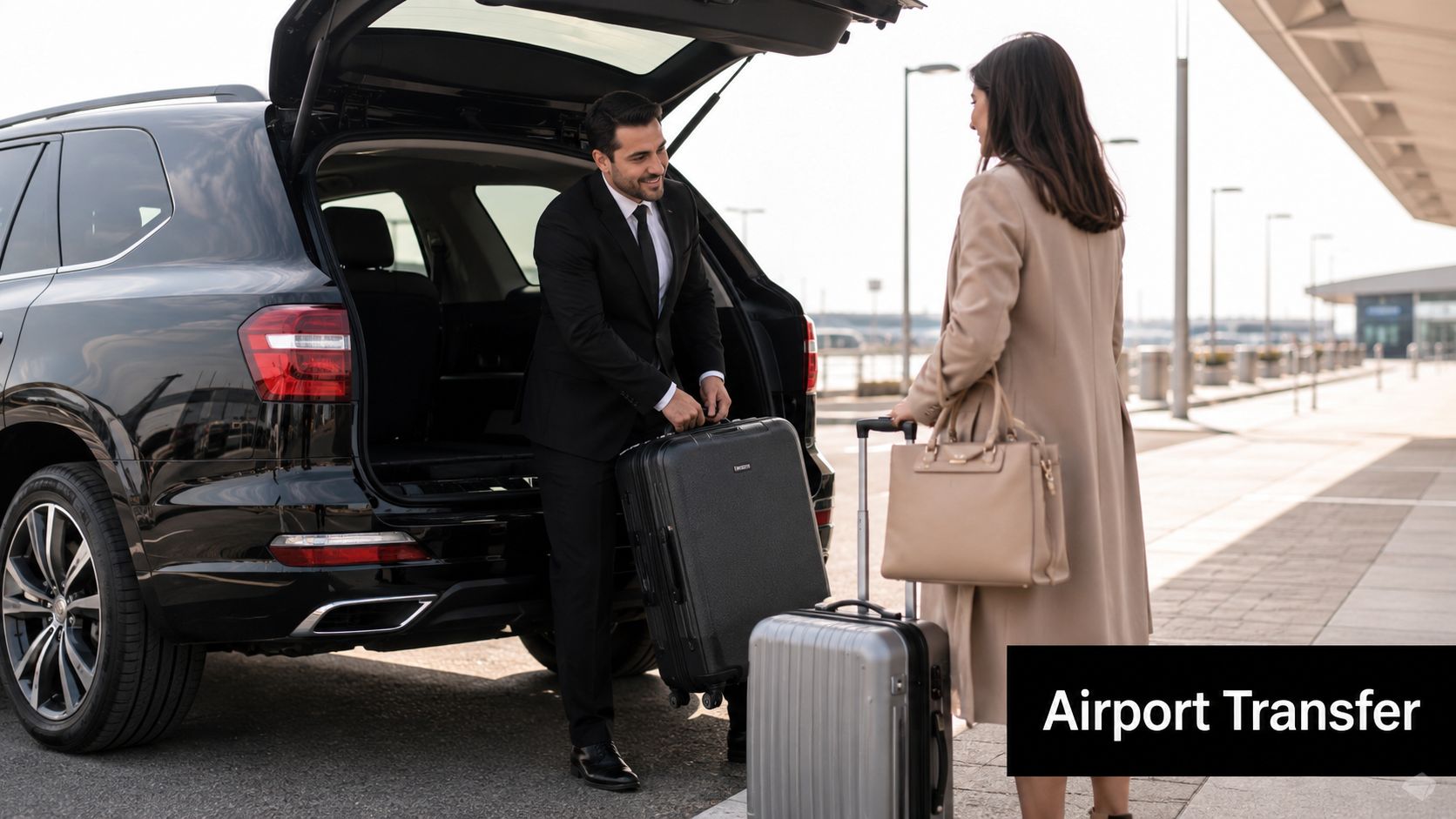 A professional chauffeur loading luggage into the back of a luxury SUV for a female passenger.
