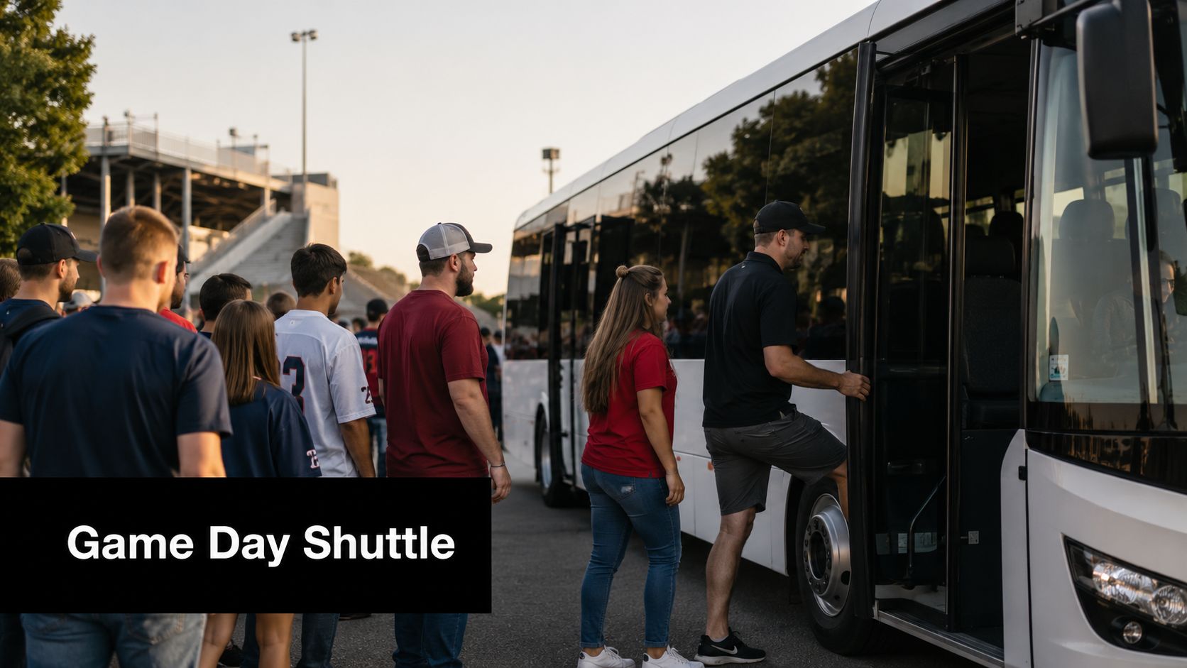 A group of people lining up to board a white shuttle bus on a sunny day.