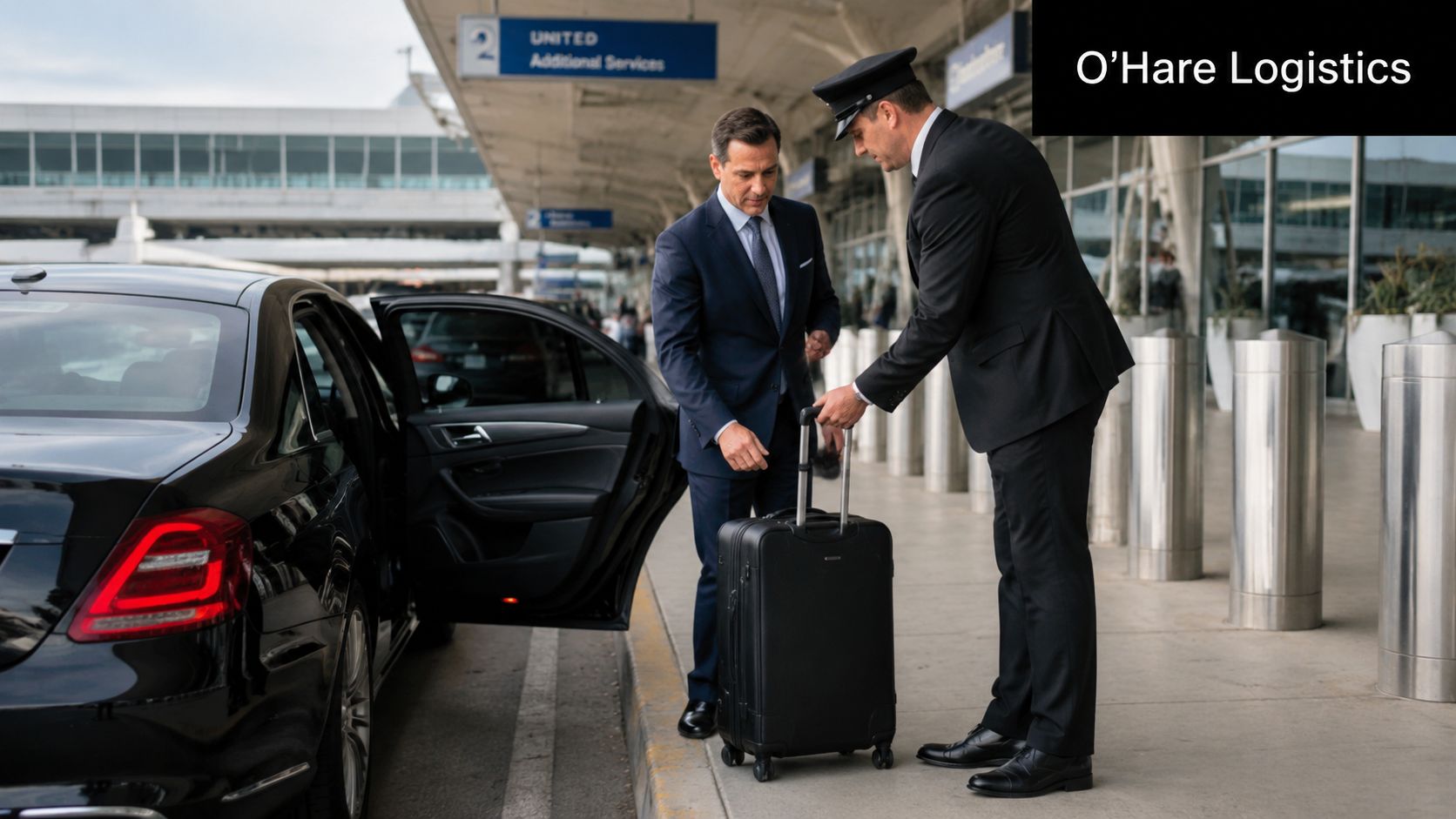 A chauffeur in a black uniform assists a businessman with his luggage at an airport terminal.