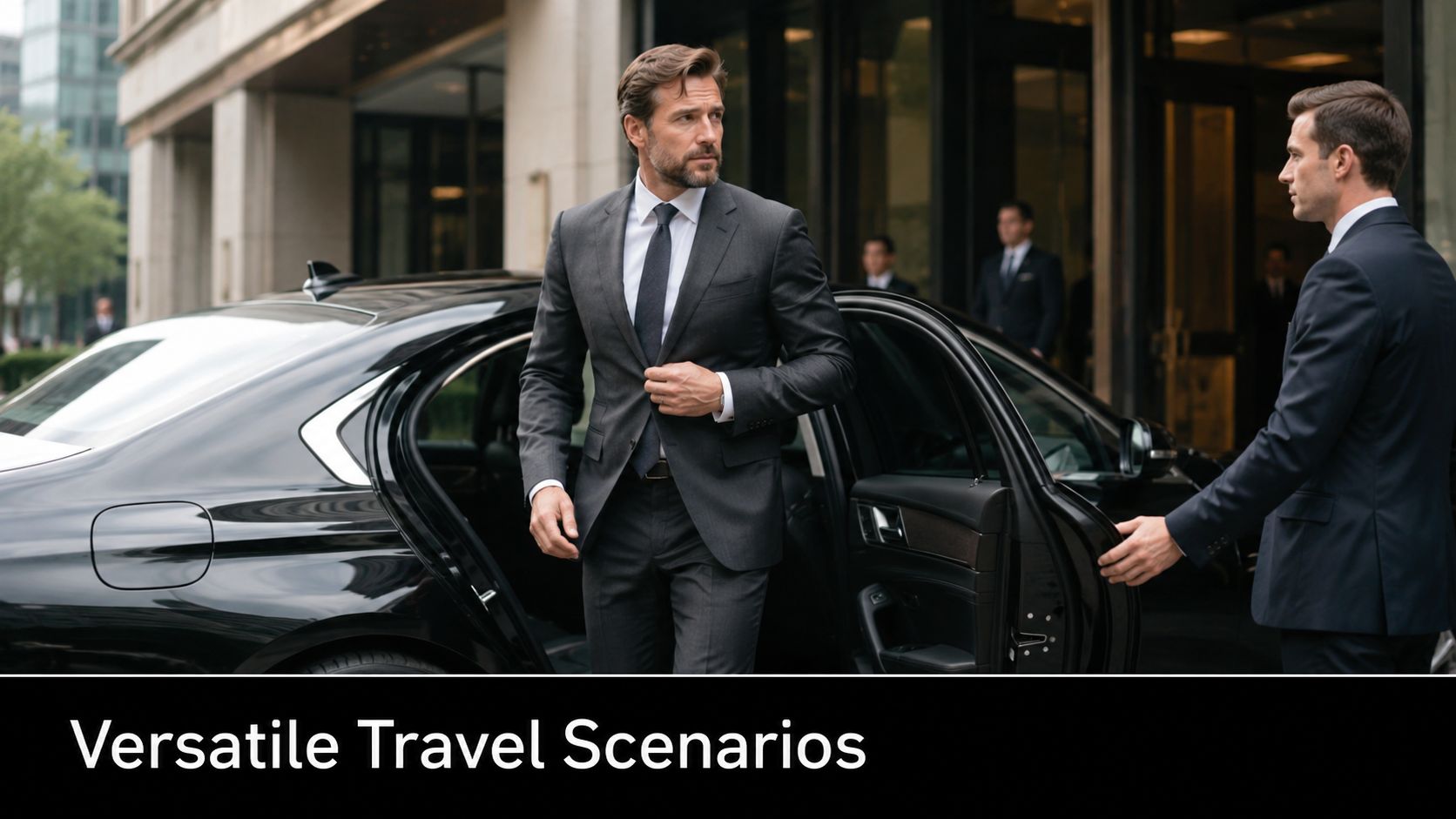 A professional chauffeur opens the car door for a well-dressed businessman arriving at a hotel building.