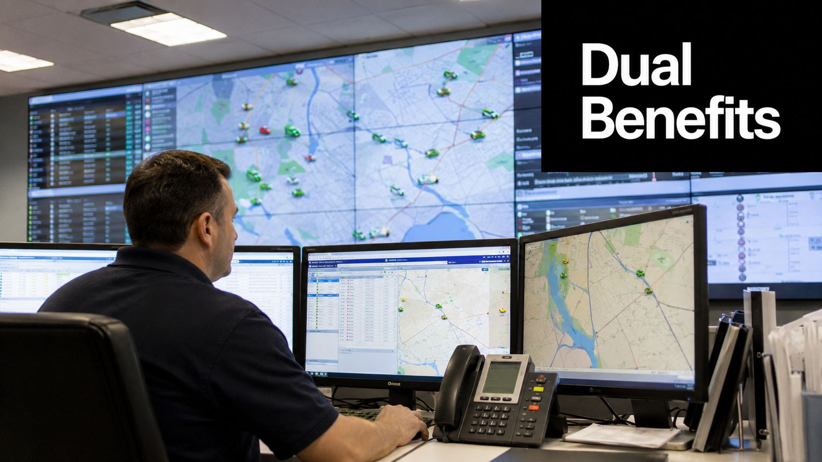 An operator sits at a workstation monitoring real-time vehicle tracking data on multiple large computer screens.