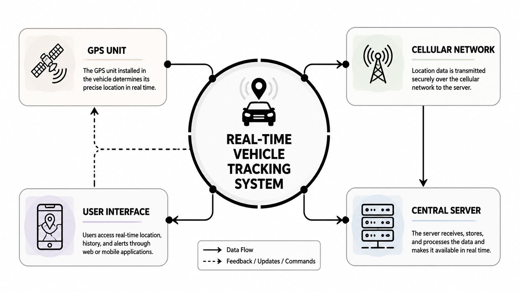 A diagram illustrating how a real-time vehicle tracking system collects, transmits, and displays location data for users.