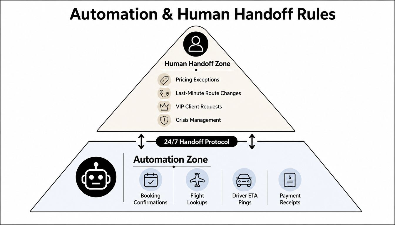 A diagram illustrating Automation and Human Handoff Rules for business operations using a two-tiered pyramid structure.