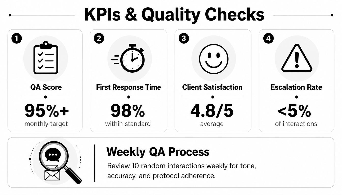 An infographic showing four key performance indicators and a weekly quality assurance process for customer service.