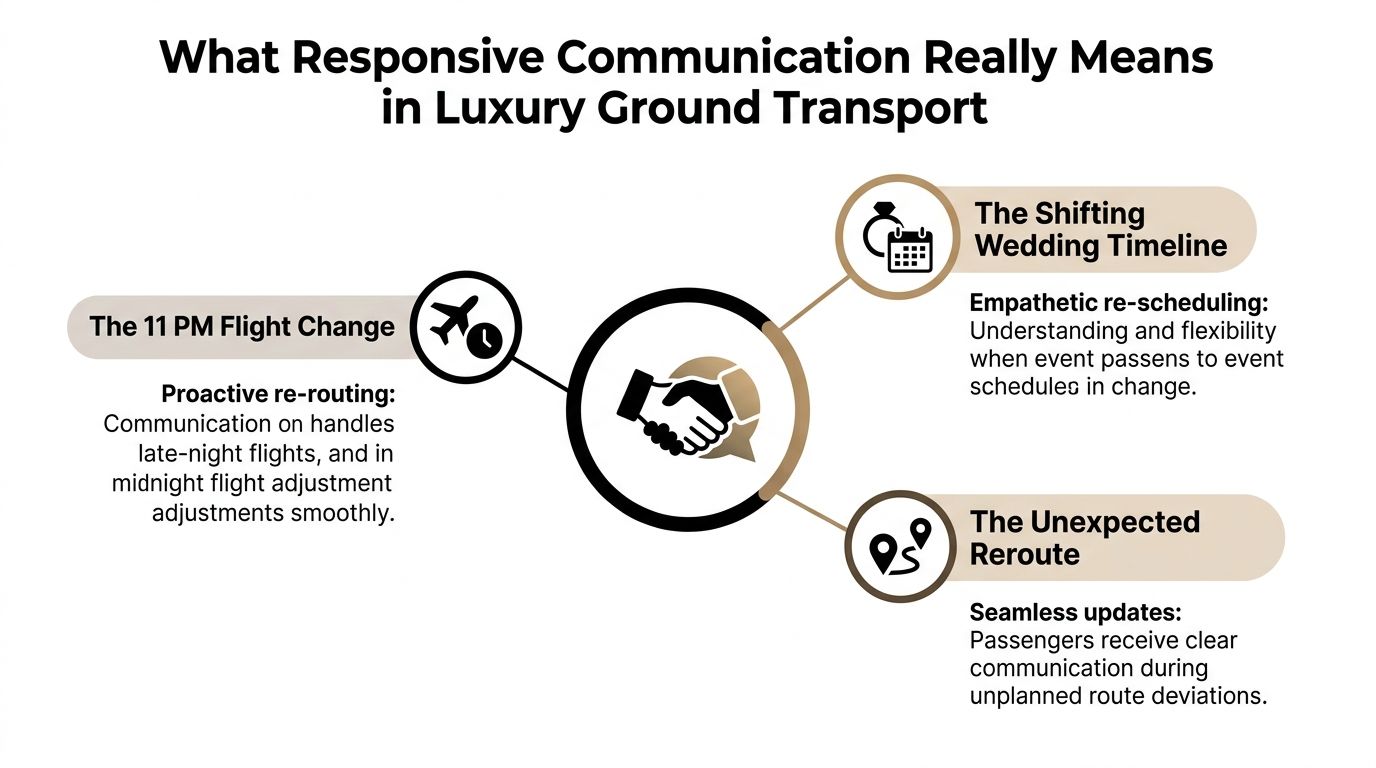 An infographic showing examples of responsive communication in the luxury ground transportation industry.