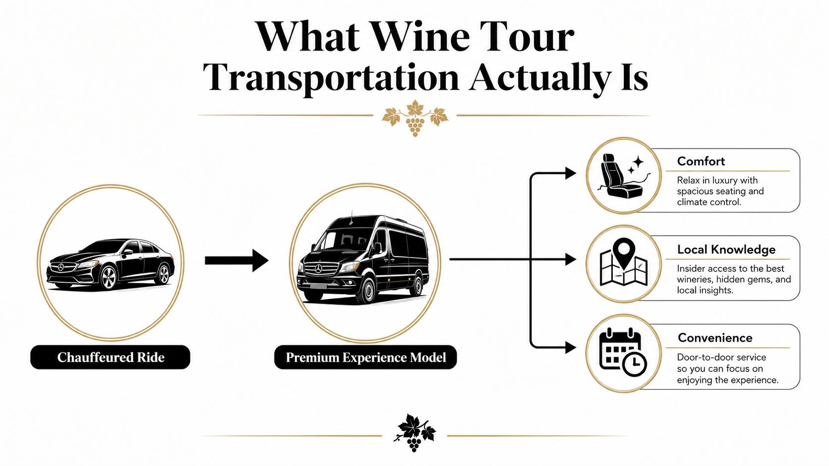 An infographic showing the benefits of premium wine tour transportation, including comfort, local knowledge, and convenience.