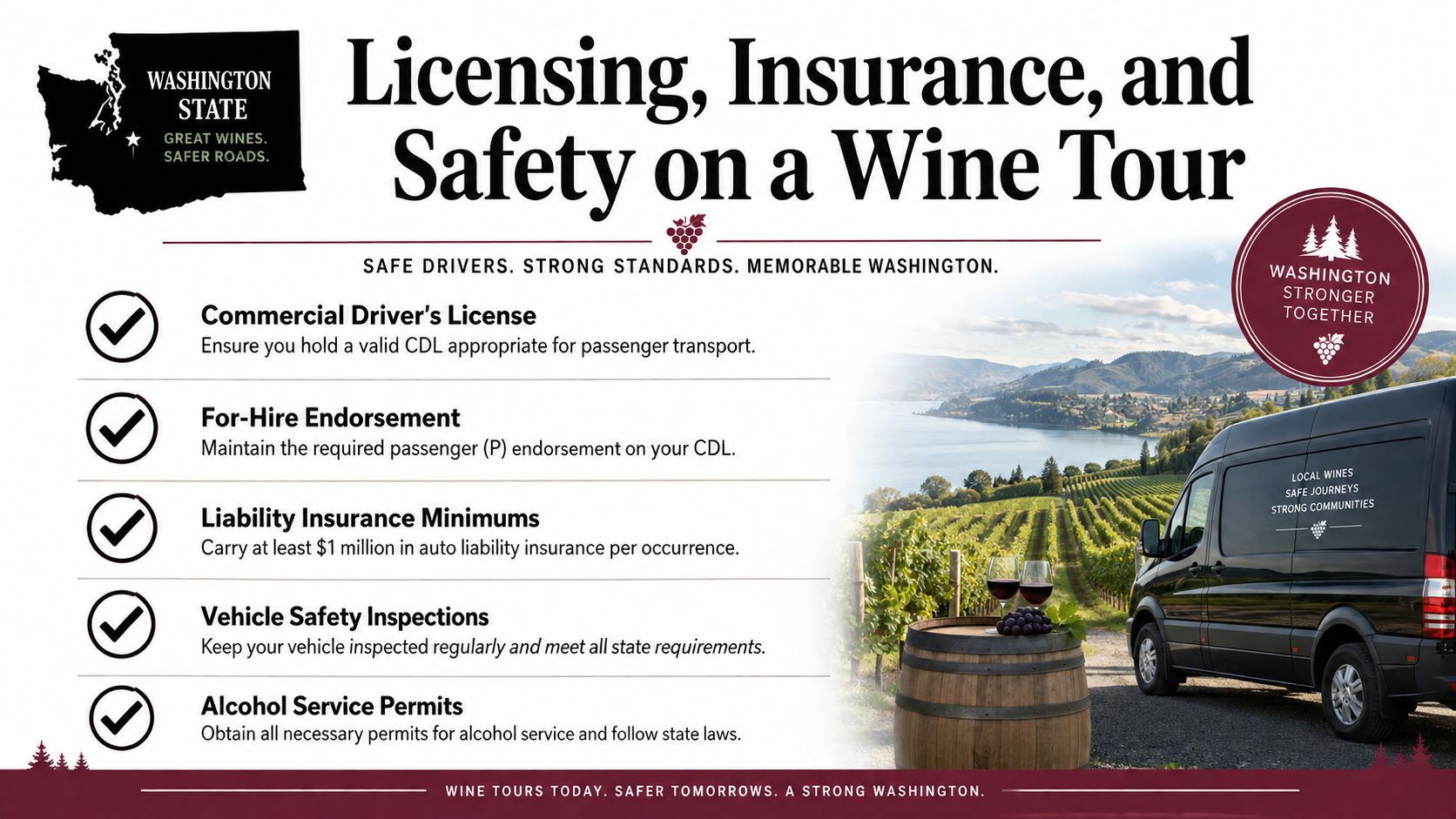 A safety infographic for Washington State wine tour operators highlighting essential licensing, insurance, and inspection requirements.