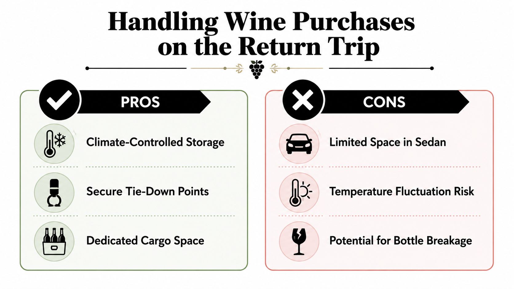 A comparison chart showing the pros and cons of different methods for handling wine purchases during travel.