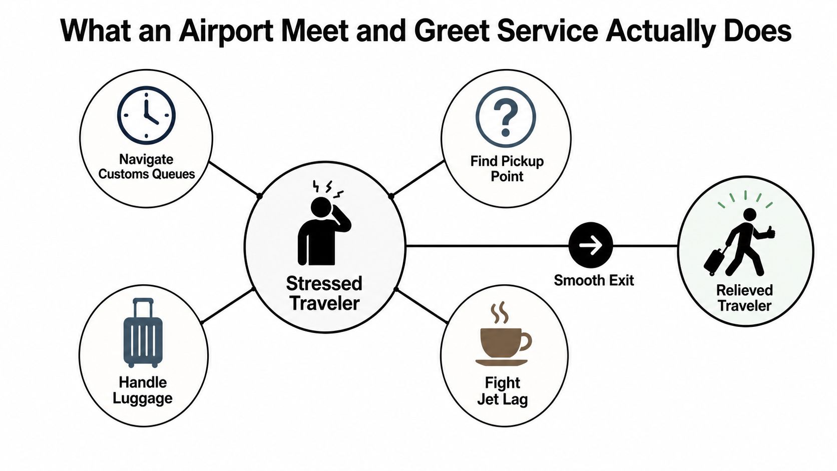 A diagram illustrating how an airport meet and greet service transforms a stressed traveler into a relieved traveler.