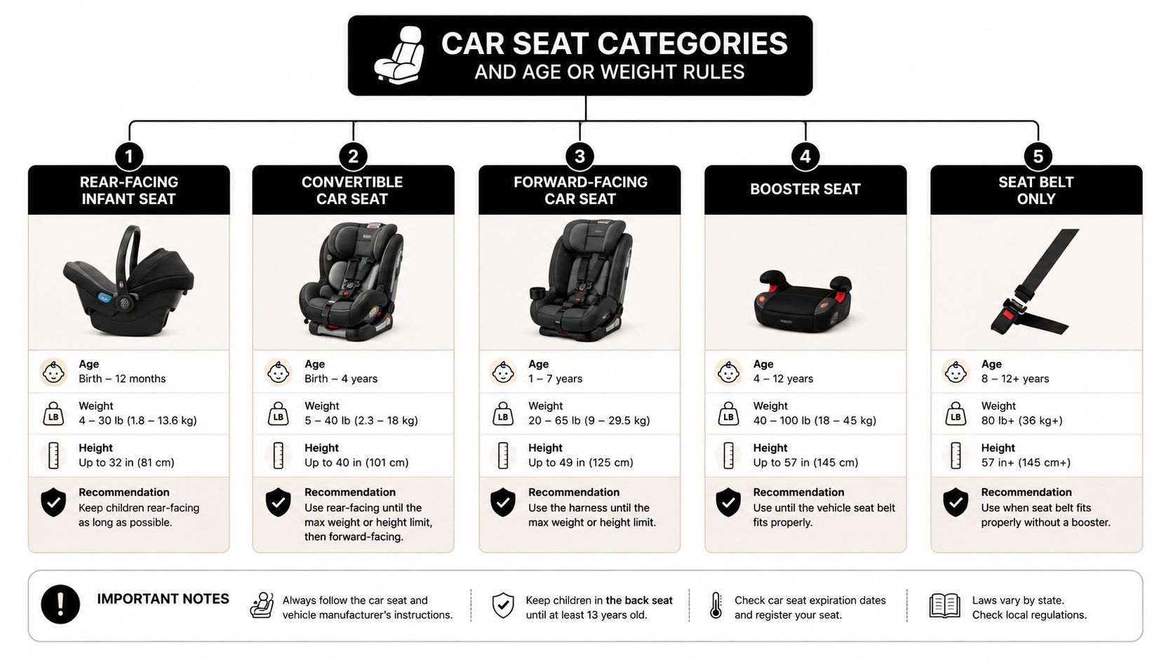 A chart showing car seat categories, age, weight, and height guidelines for child passenger safety.