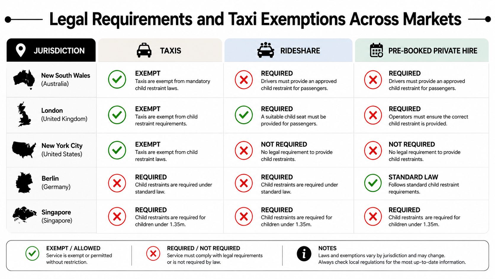 A chart comparing child seat legal requirements and taxi exemptions across major global cities and markets.