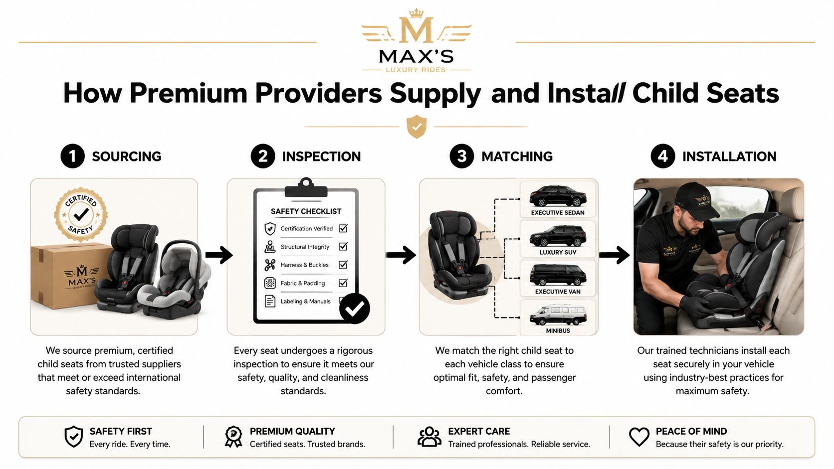 An infographic detailing the four-step process for sourcing, inspecting, matching, and installing premium child safety seats.