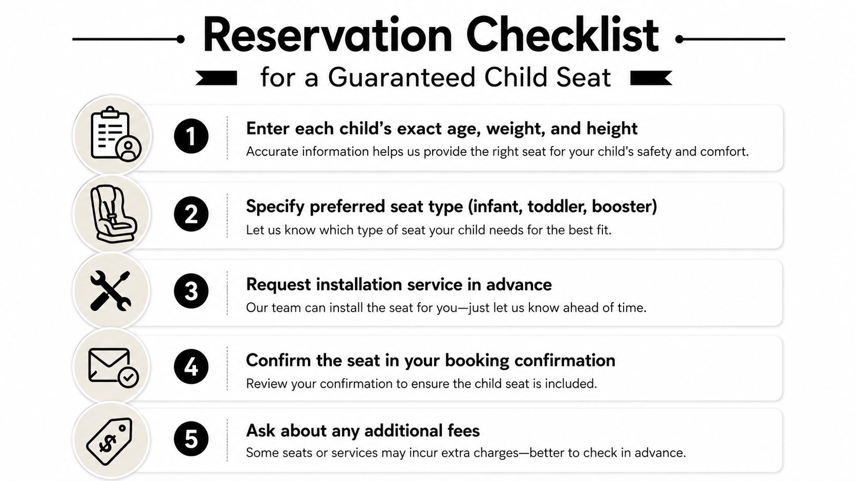 A checklist for reserving a child car seat with five steps for parents and travelers.
