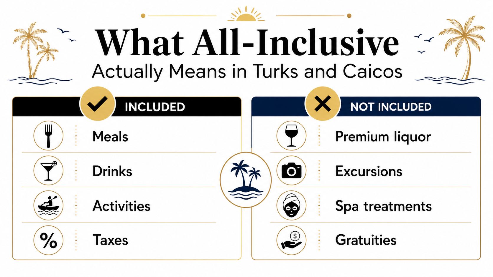 A graphic showing what is and is not included in all-inclusive resorts in Turks and Caicos.